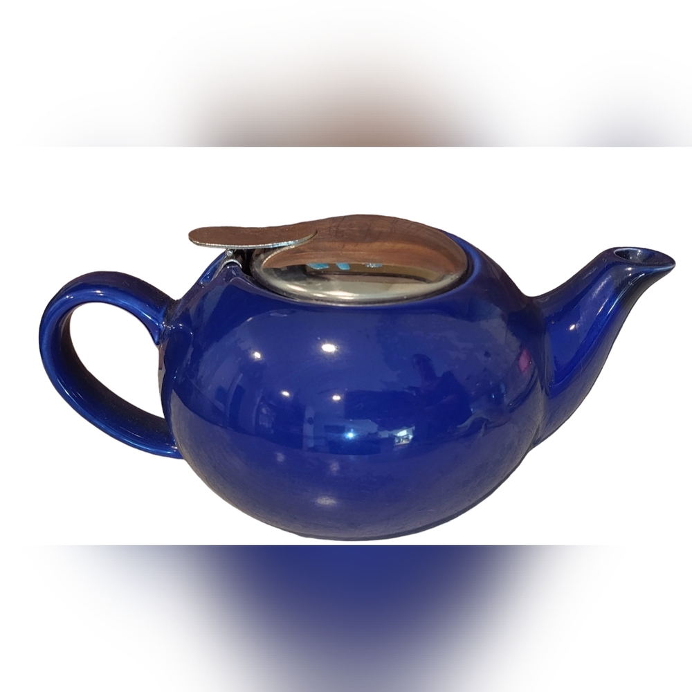 Blue Teapot With Metal Lid  Ceramic Traditional 5 Inch